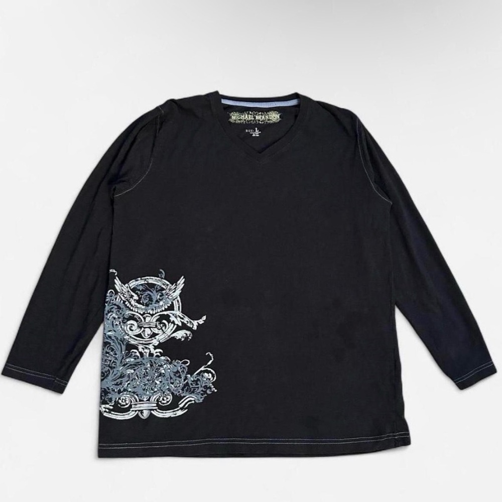 Michael Brandon Black Long Sleeve V-Neck Tee with Gray Graphic